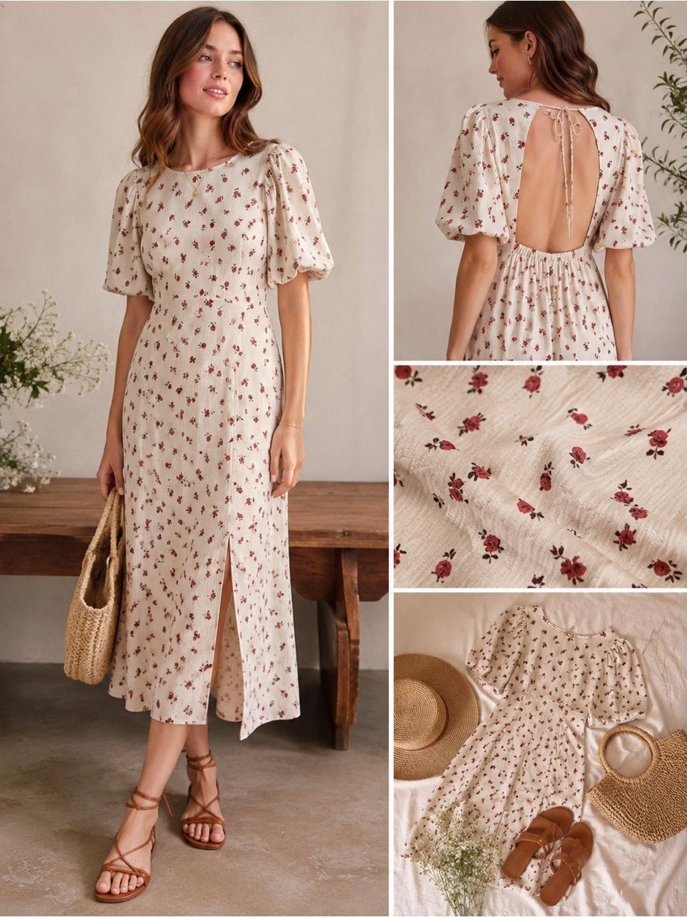 ICHI New Cream Floral Midi Dress with Puff Sleeves, Cottagecore